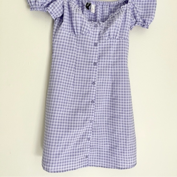 H&M Divided Gingham A Line Square Neck Ruffle Mini Dress Purple Size XS - Picture 7 of 9